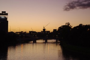Tower crane at sunrise over Melbourne Australia