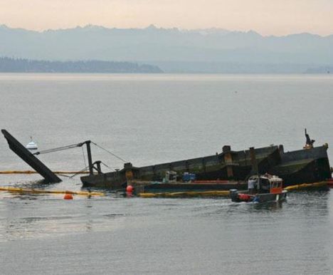 Barged crane overturned